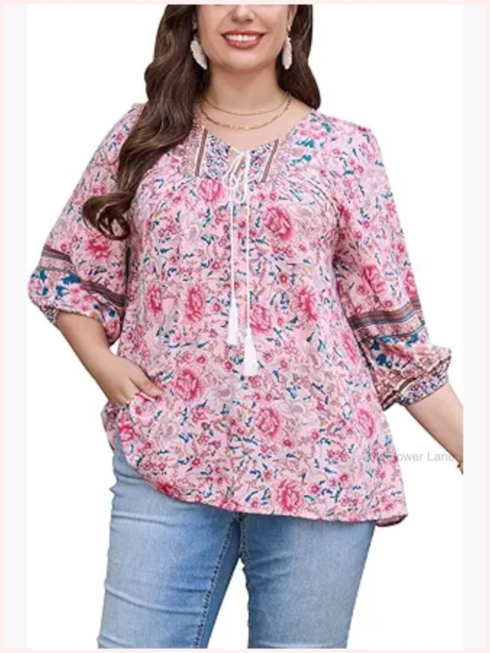 Plus Size Boho Floral Tunic Top, Loose 3/4 Sleeve V-Neck Blouse